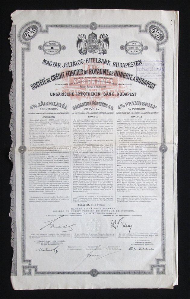 Magyar Jelzálog-Hitelbank záloglevél 500 frank 1911